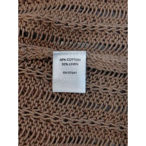 J. Jill Cotton Linen Open Front Cardigan Lg Tan Loose Knit Long Sleeves Pockets - Picture 5 of 10